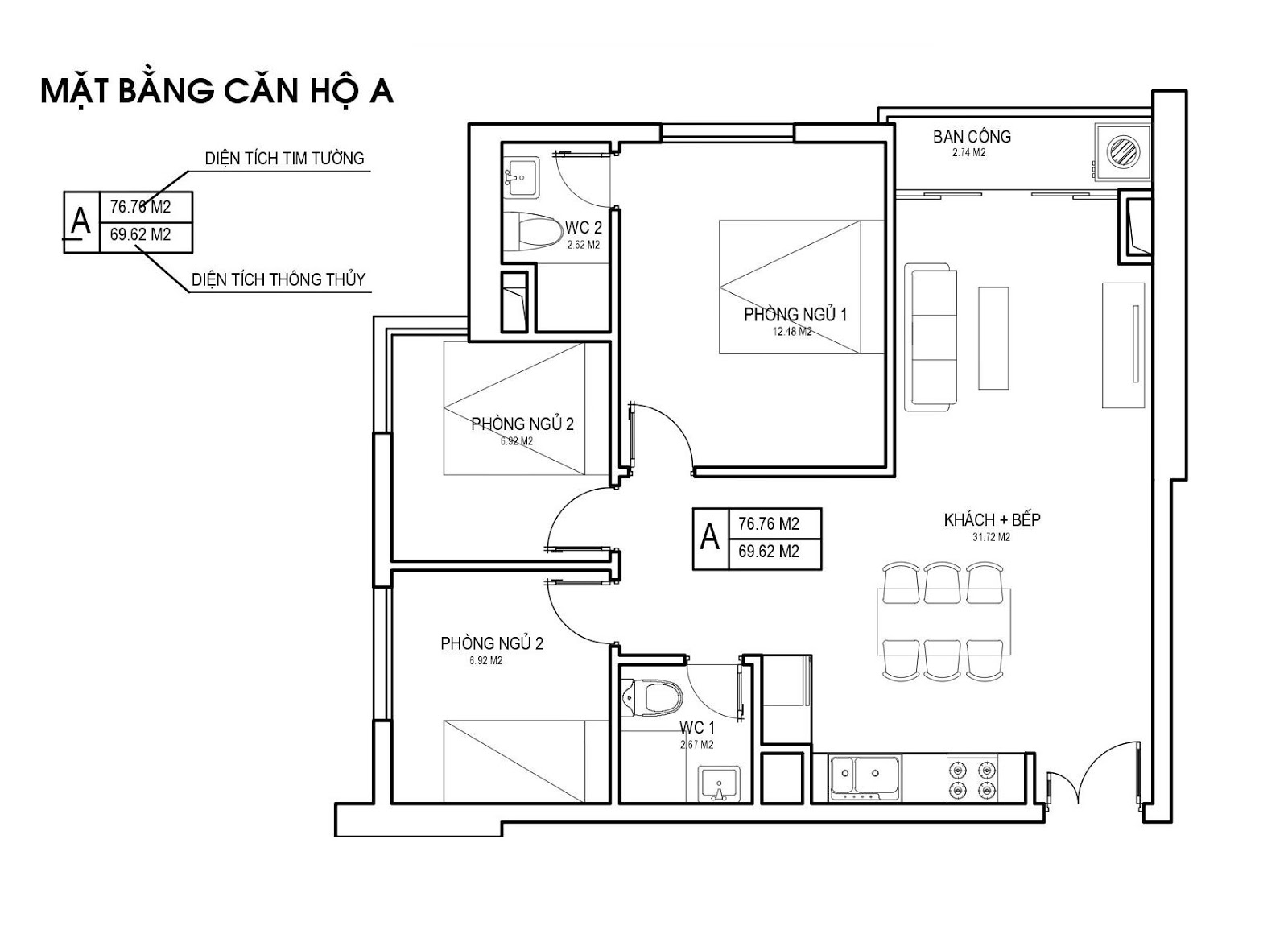 Mặt bằng căn hộ A 69m 3 PN chung cư FLC Green Apartment Phạm Hùng Mặt bằng căn hộ A 69m 3 PN chung cư FLC Green Apartment Phạm Hùng