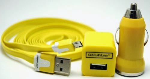  CablesFrLess 6ft High Quality Noodle Style 3 in 1 Micro B USB Charging Set fits Android Samsung Galaxy Google HTC LG Pantech Blackberry Motorola Sony ZTE (Yellow)