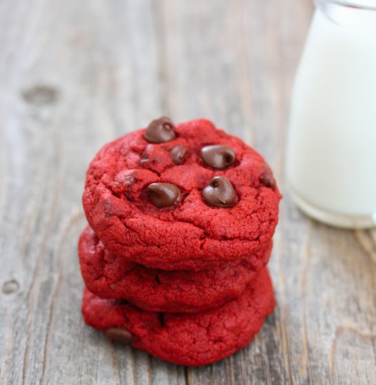 close-up photo of a stack of Red Velvet Chocolate Chip Cookies