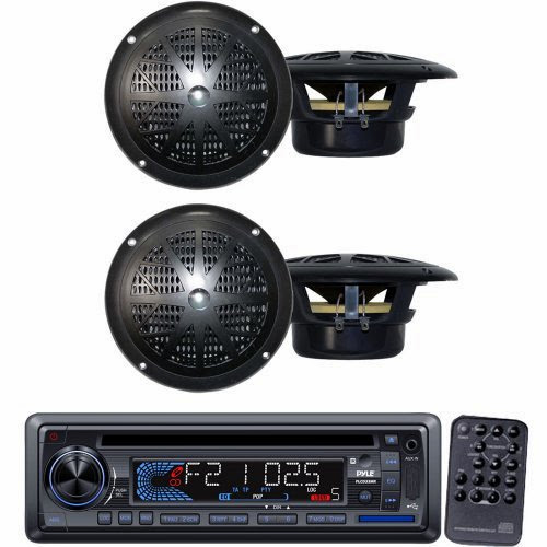  Pyle Marine Radio Receiver and Speaker Package - PLCD33MR AM/FM-MPX IN-Dash Marine CD/MP3 Player/USB  &  SD Card Function - 2x PLMR41B 2 Pairs of 4'' Dual Cone Waterproof Stereo Speaker System