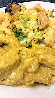 Honey Mustard Chicken with 3 Cheese Macaroni and Cheese Casserole with Broccoli and Sweet Pugliese