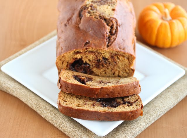 close-up photo of a Nutella Swirl Pumpkin Bread