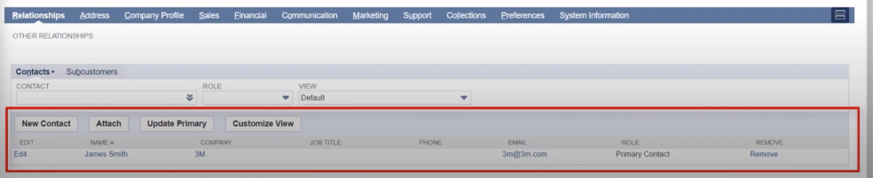 Relationships tab in NetSuite's customer record. 