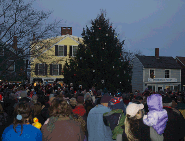 The Rockport Christmas Tree in Dock Square in Rockport Massachusetts lights up on December 3, 2011