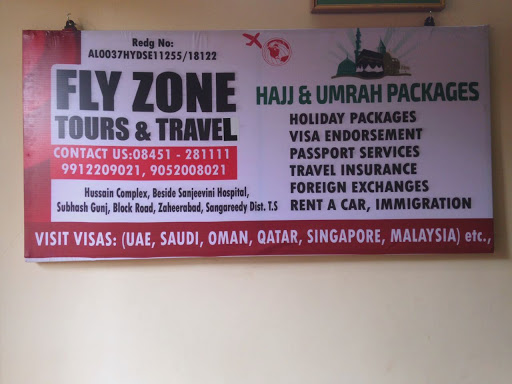 Fly Zone Tours & Travels, Zaheerabad, HUSSAIN COMPLEX BESIDE SANJEEVINI HOSPITAL, SUBHASH GUNJ BLOCK ROAD, Zaheerabad, Telangana 502220, India, Travel_Agents, state TS
