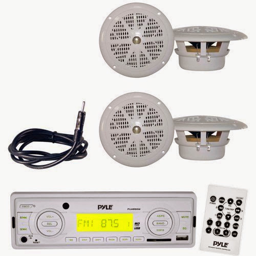  Pyle Marine Radio Receiver, Speaker and Cable Package - PLMR88W AM/FM-MPX IN-Dash Marine MP3 Player/USB, MMC  &  SD Memory Card Function - 2x PLMR41W 2 Pairs of 4'' Dual Cone Waterproof Stereo Speaker System - PLMRNT1 22