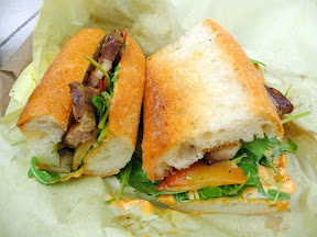 Pork belly sandwich from the food cart, Sideshow Eatery on SW 9th and Washington in Portland / The food cart has since closed