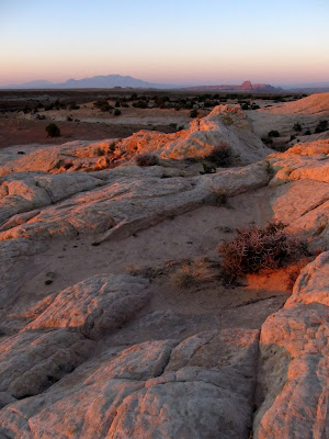 Sunrise glowing on the rocks, with the Henrys and Wild Horse Butte in the background