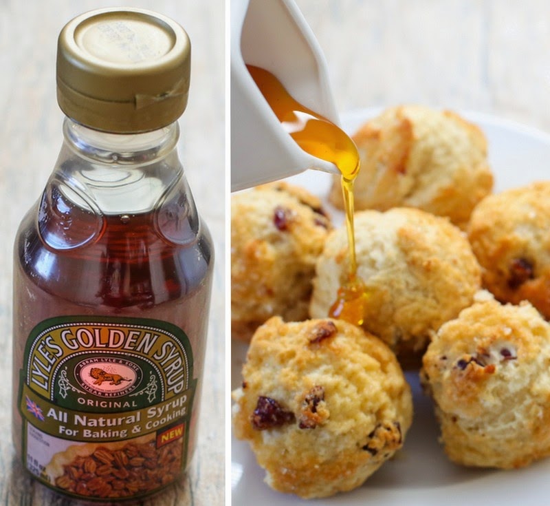 a photo of golden syrup and a photo of it being drizzled on the muffins.