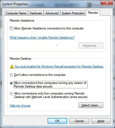 Enable remote desktop in Windows 7