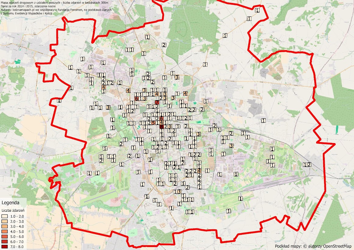 Mapa z naniesioną liczbą zdarzeń drogowych w nocy (2014 i 2015)