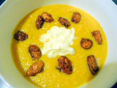 Butternut Squash and Ale Soup with Candied Almonds and homemade Mascarpone with Cambozola