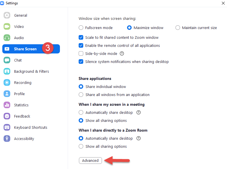 shared screen tab on the left > advanced