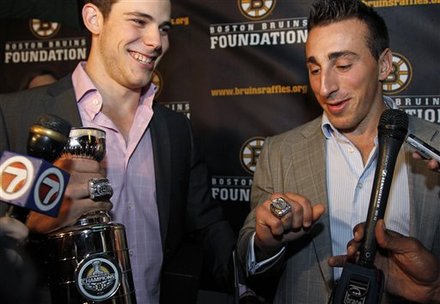 Tyler Seguin and Brad Marchand talking with the media with their rings Tyler Seguin and Brad Marchand talking with the media with their rings