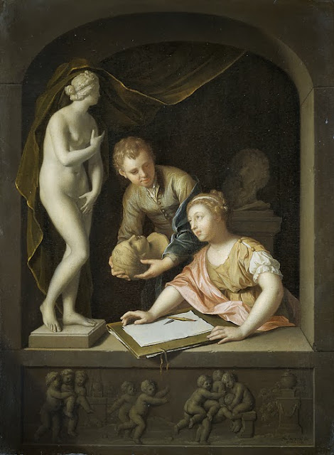 Adriaen van der Werff - In een stenen venster maakt een jonge vrouw zich klaar om te tekenen naar een beeld van Venus