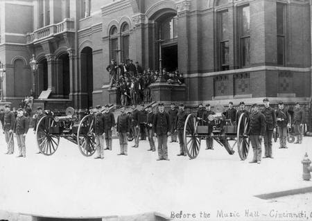 National Guard in front of Music Hall Elm and Grant. Ohio National Guard in front of Music Hall Walnut/Elm and Central