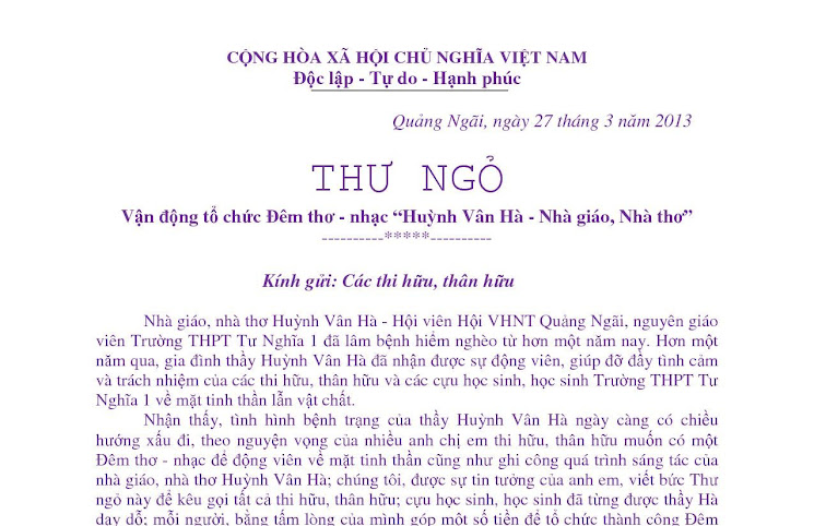 Thầy Hà: Vận động tổ chức Đêm thơ - nhạc “Huỳnh Vân Hà: Viên phấn trắng và Hoa cúc dại” Thungohuynhha2003+%281%291