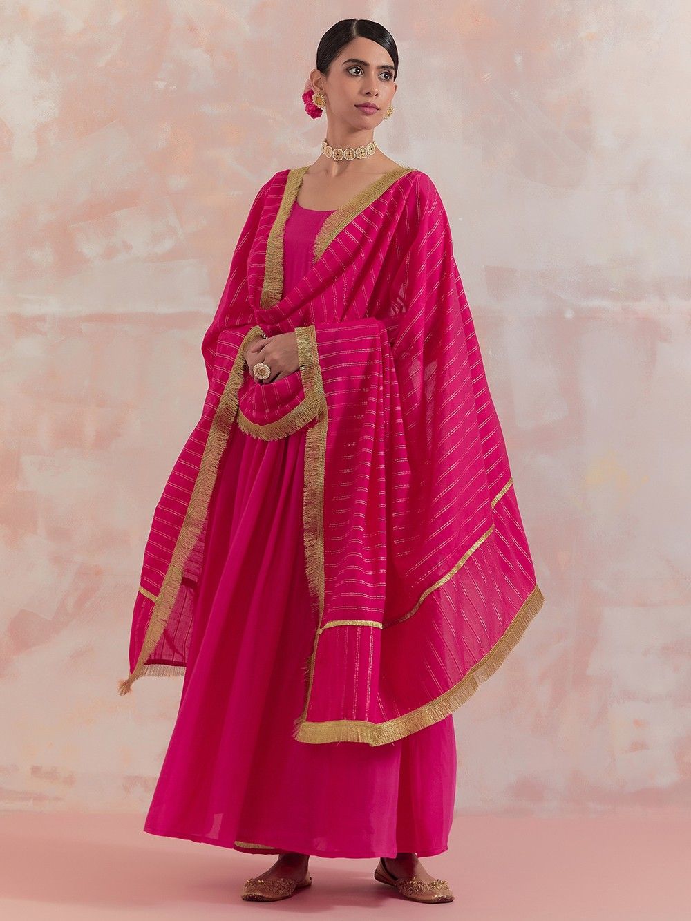 the loom - Pink Gota Silk Anarkali Kurta with Pants