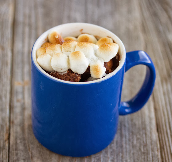 photo of a s'mores mug cake with toasted marshmallows on top