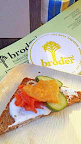 Widmer Brothers Brewing Sandwich Invitational presented by Dave's Killer Bread, Feast 2014. Derek Hanson of Broder Nord (Portland, OR) was not afraid of the chicken skin with his offering of Gravlax, Skyr, Pickled Cucumber, Crispy Chicken Skin on Rye Bread