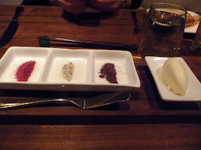 Roe restaurant bread service softened butter and three flavored salts beet, anise, and cocoa