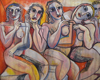 5 ladies, Nudes, 4 x 6 feet, oil on canvas and barkcloth, 2009