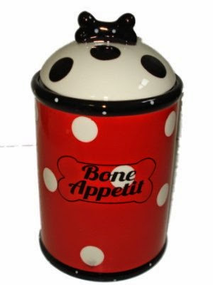 Red Dog Treat Jar with Polka Dots says Bone Appetit