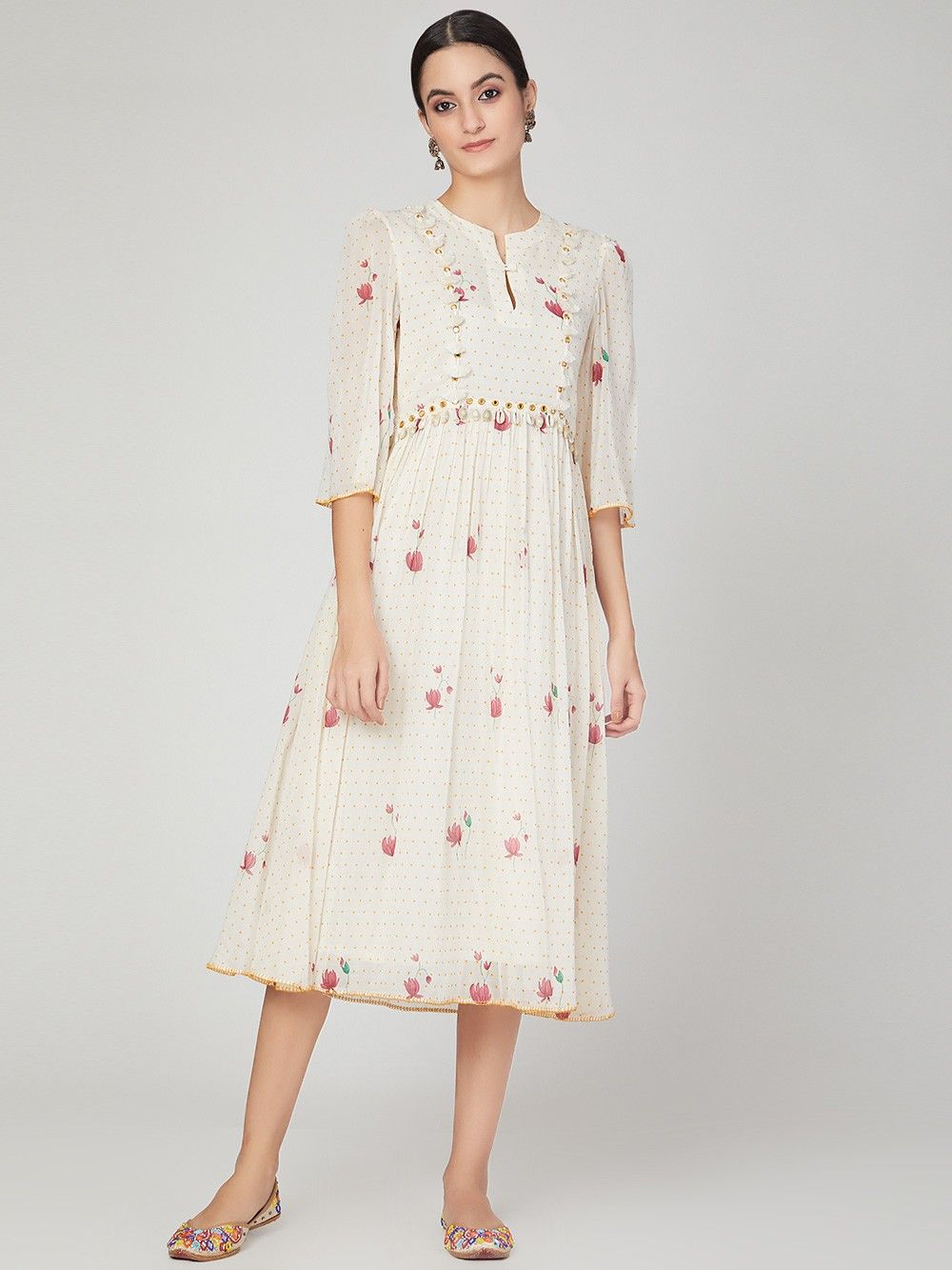 the loom - Off White Printed Muslin Silk Dress