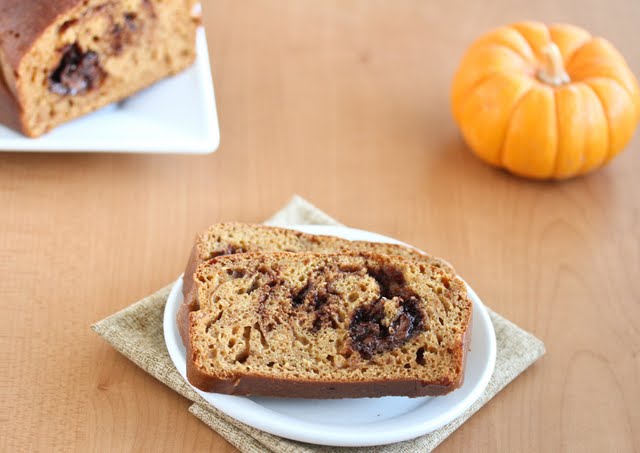 photo of a slice of Nutella Swirl Pumpkin Bread