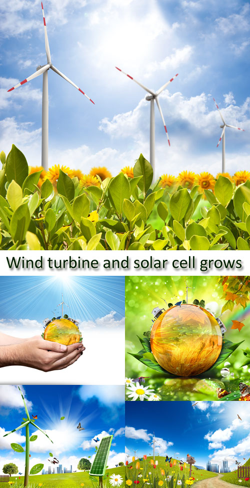 Stock Photo: Wind turbine and solar cell grows Stock Photo: Wind turbine and solar cell grows