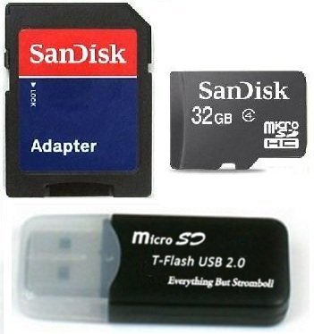 Sandisk 32GB Micro SDHC Class 4 TF Memory Card for Motorola DROID X DROID PRO with Everything But Stromboli Micro SD Black Card Reader - Bulk Packed