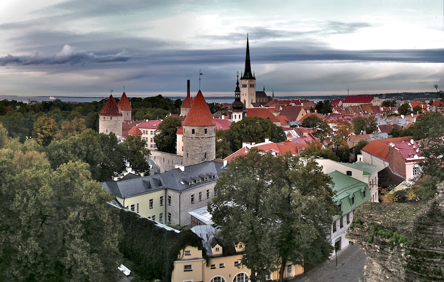 View from Toompea hill: Oleviste Kirik (St. Olaf's Church) and Vanalinn (Old Town) towers. Tallinn, Estonia