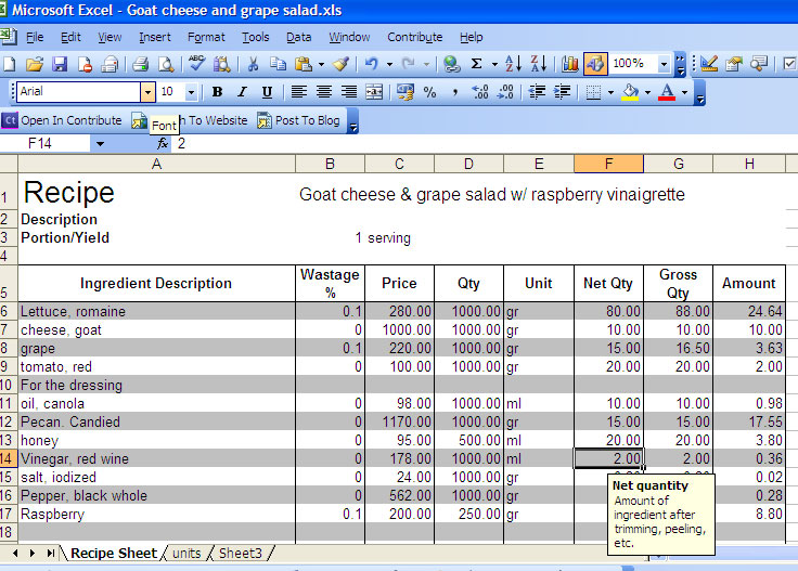 Personal Chef Manila Recipe Cost Excel Sheet