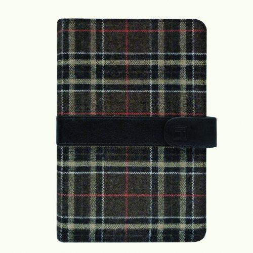 Tribeca Portfolio Case for Kindle Fire, Brown Flannel Plaid with Black Leather Strap