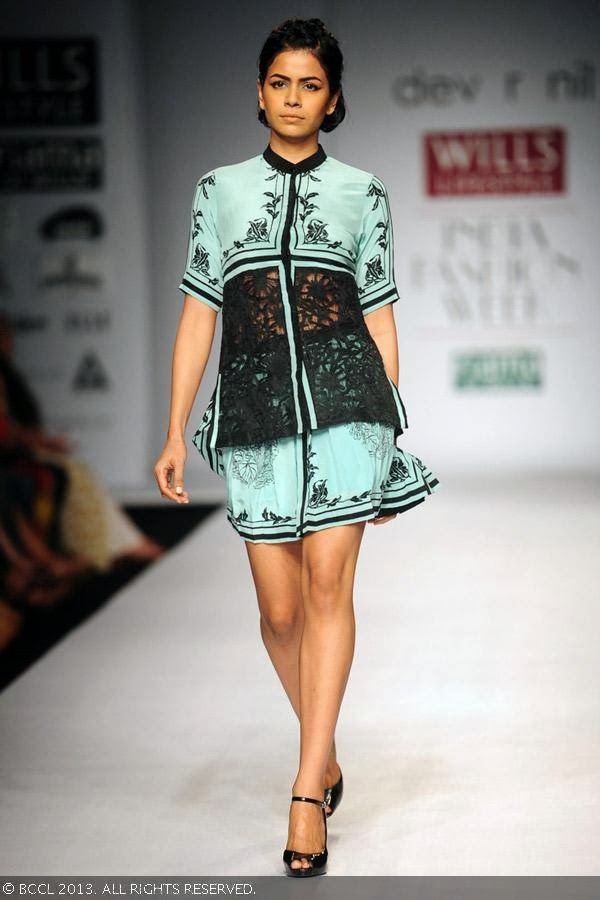 Nolana flaunts a creation by fashion designers Dev r Nil on Day 3 of Wills Lifestyle India Fashion Week (WIFW) Spring/Summer 2014, held in Delhi.