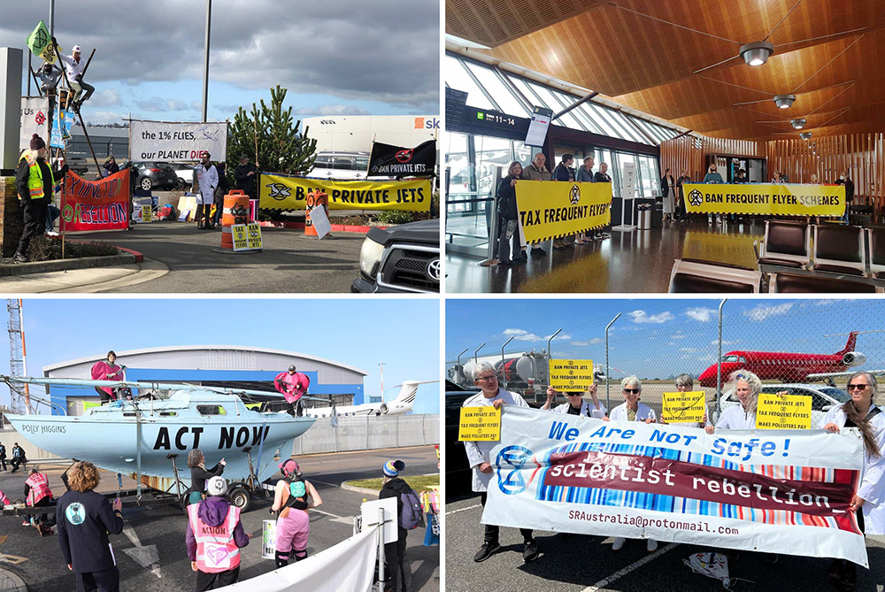 Activists with banners and placards outside and inside airports. The UK group sit in front of a blue sailboat.