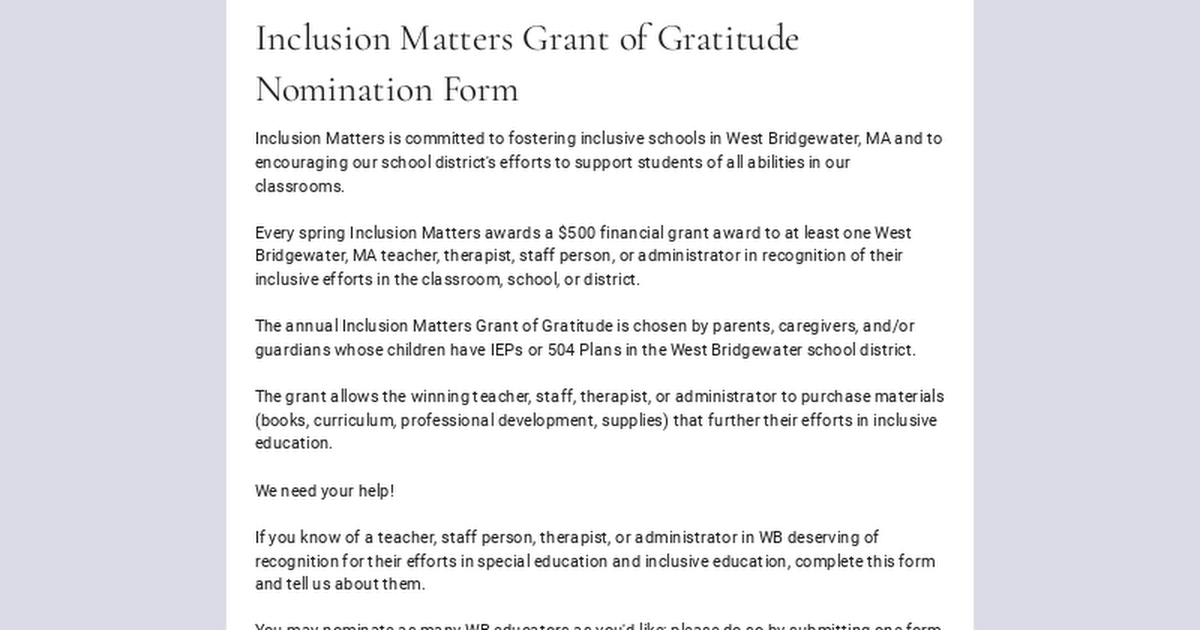 Inclusion Matters Grant of Gratitude Nomination Form