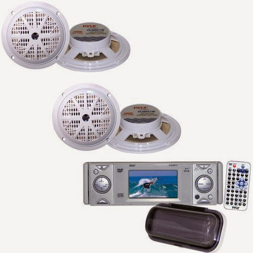  Pyle Marine Radio and Speaker Package - PLDMR3U In-Dash Marine CD/DVD Receiver with 3'' Built In Monitor - 2x PLMR51W 2 Pairs of 100 Watts 5.25'' 2 Way White Marine Speakers