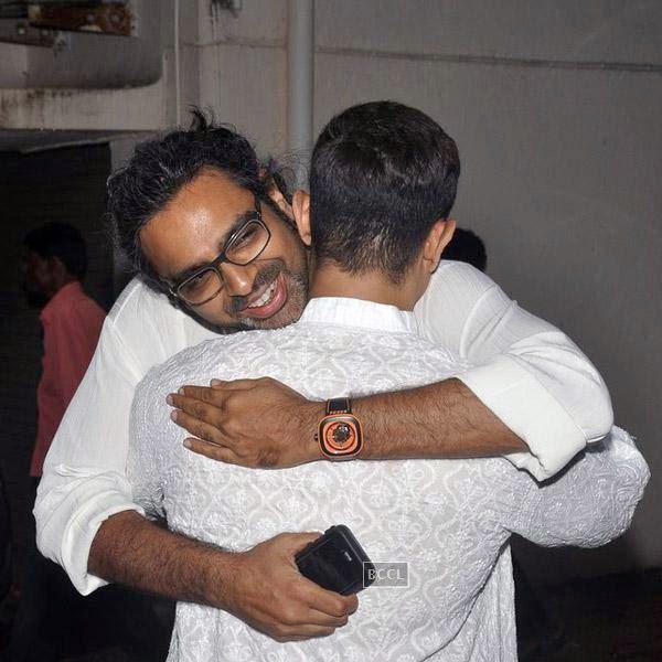 Aamir Khan greets his friend during Eid celebration at former's residence in Mumbai, on July 29, 2014.(Pic: Viral Bhayani)