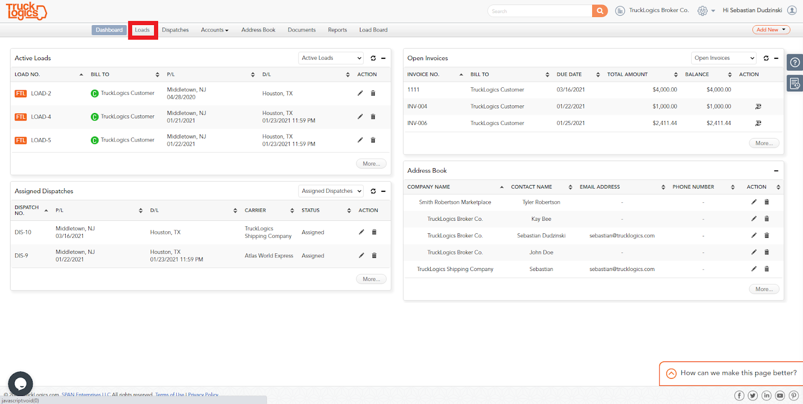 TruckLogics TMS dashboard