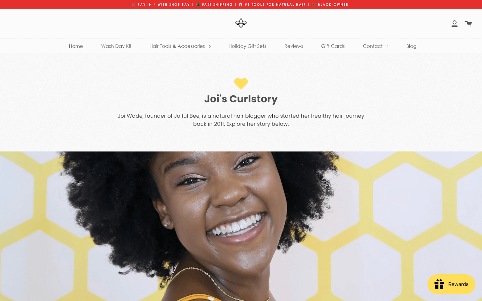 Support Black-owned businesses–A screenshot of Joiful Bee’s About page showing a picture of founder Joi Wade with text that reads “Joi’s Curlstory”. 
