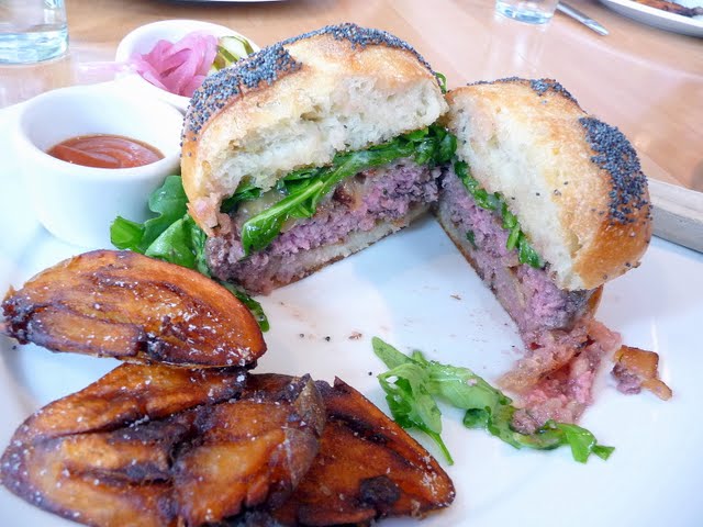 Gruner lunch, alpine food, Portland Oregon, grilled burger on a potato bun with smoky bacon, fontina 