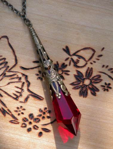 Scarlet Swarovski Crystal Magickal Prism Divination Pendulum Necklace Bronze Filigree Pendant