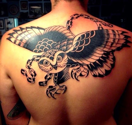 flying owl tattoo design on the back for men
