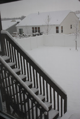 A look at the back steps of a house covered in snow.