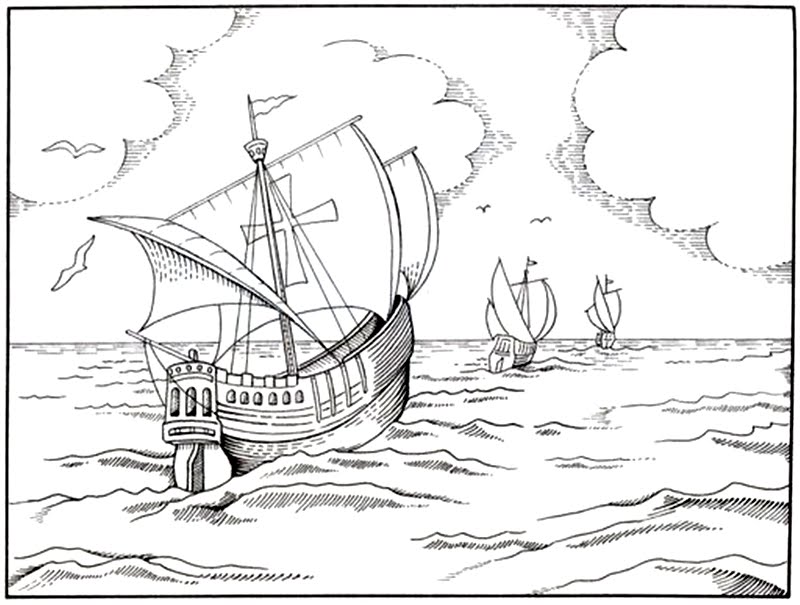 Dibujo de las tres carabelas de Cristobal Colón para colorear