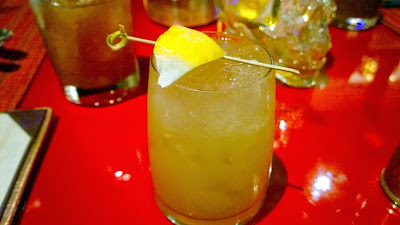 Rx Boiler room libation of Poire Drakkar with Hennesy Black, Pimms #1 liqueur, curry-pear shrub, honey shrup, lemon juice, baked apple bitters, black walnut bitters, and black pepper. Fave drink with its complex layers of flavor of the night