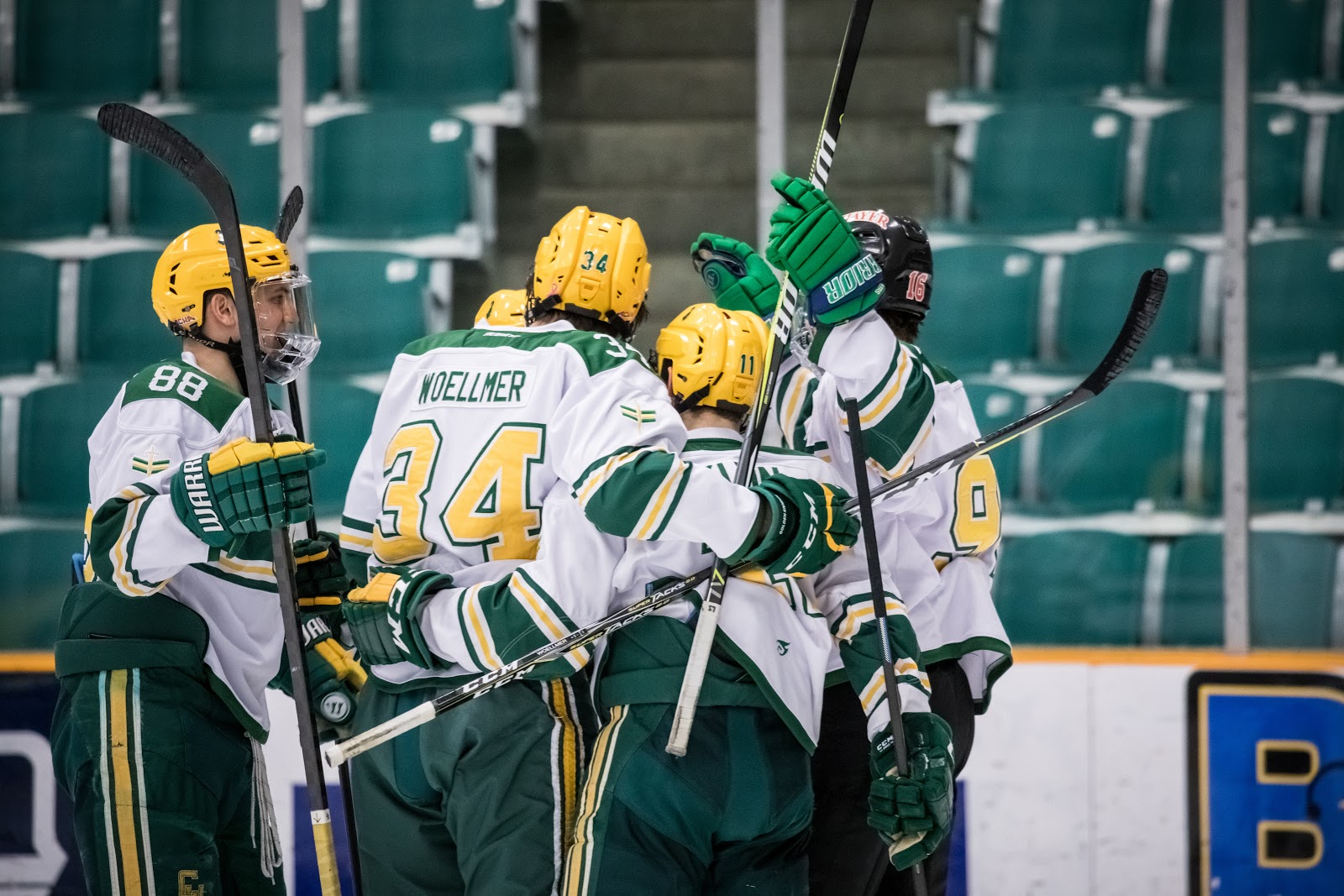 Several members of the Clarkson University men's club hockey team celebrate after a goal. 