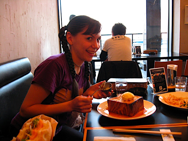 My friend K with her bread cube.