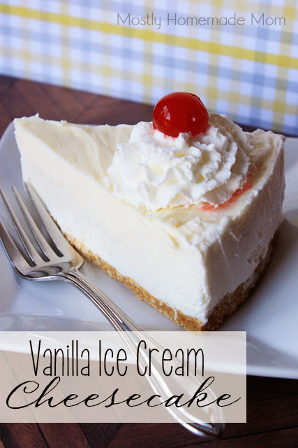 A slice of ice cream cheesecake with whipped cream and a cherry.